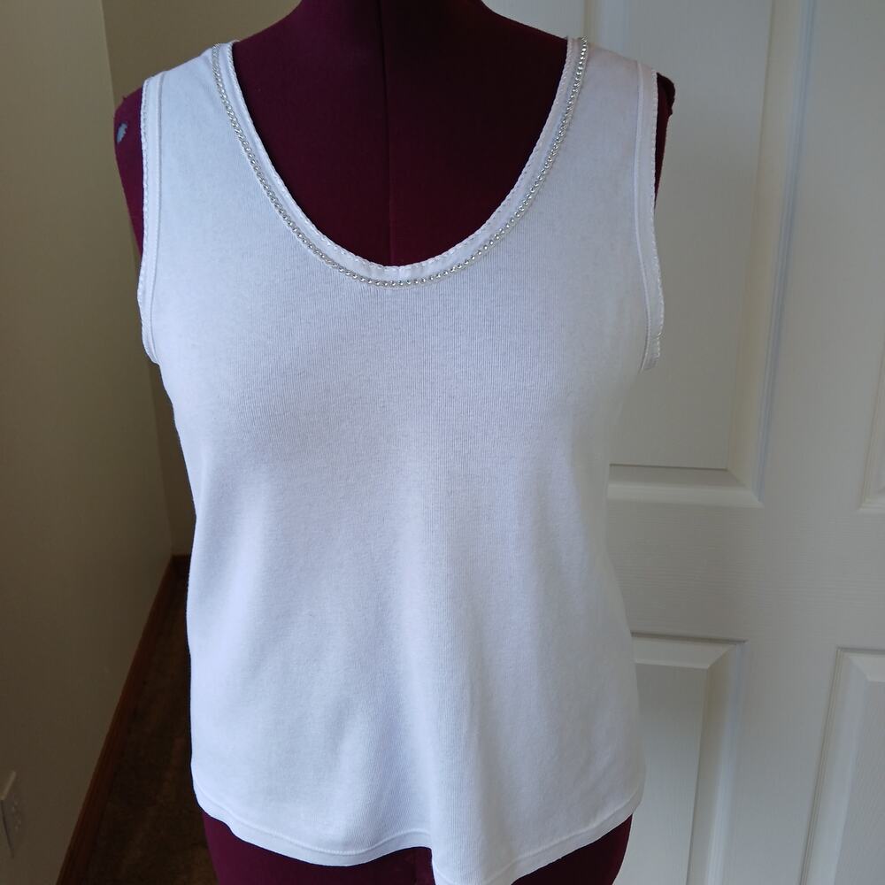 Kleids Classic White Tank Top OS Large rhinestone scoop neck seamless cotton vtg - Picture 5 of 11